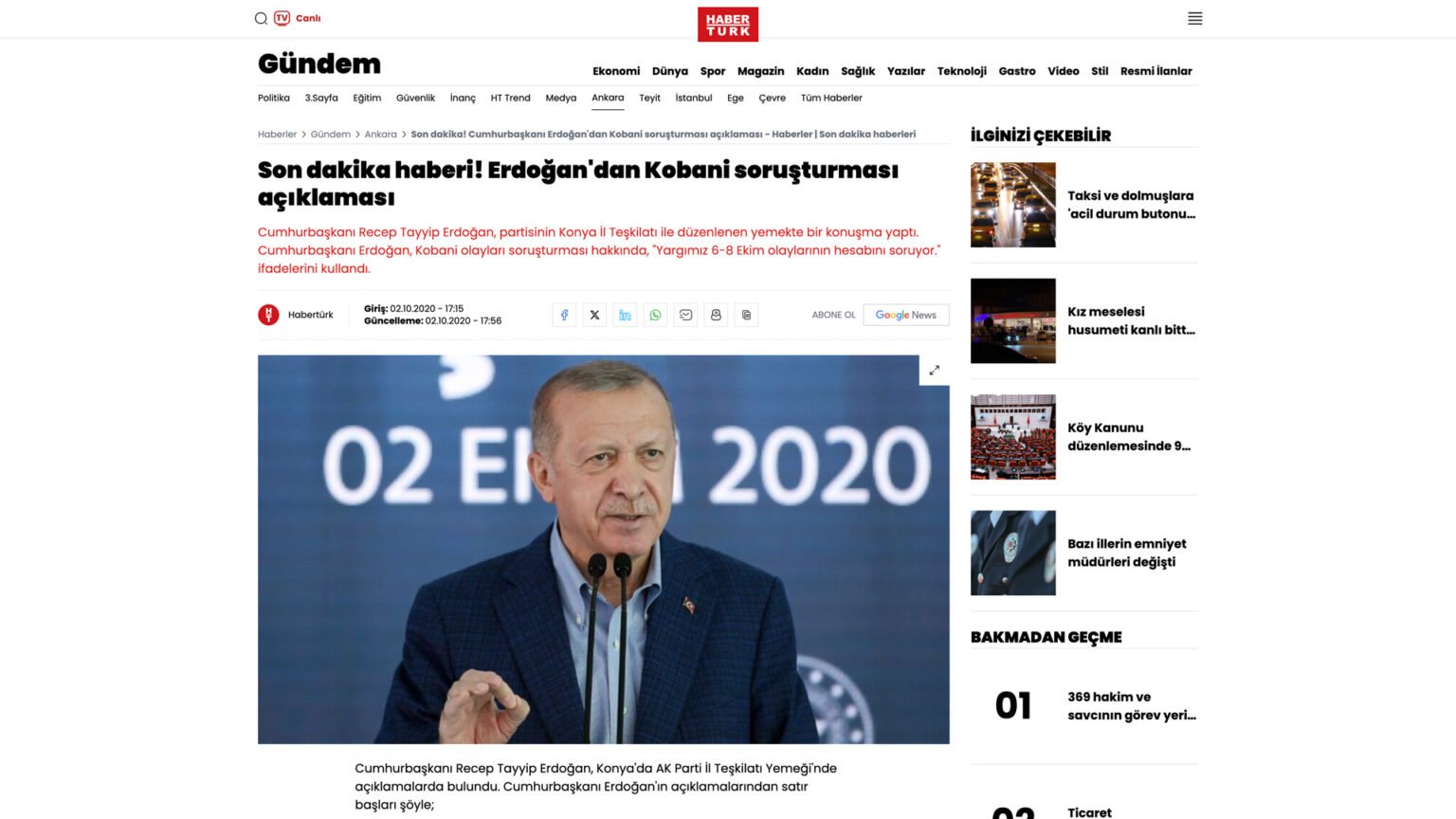 Erdoğan’dan Kobani soruşturması açıklaması