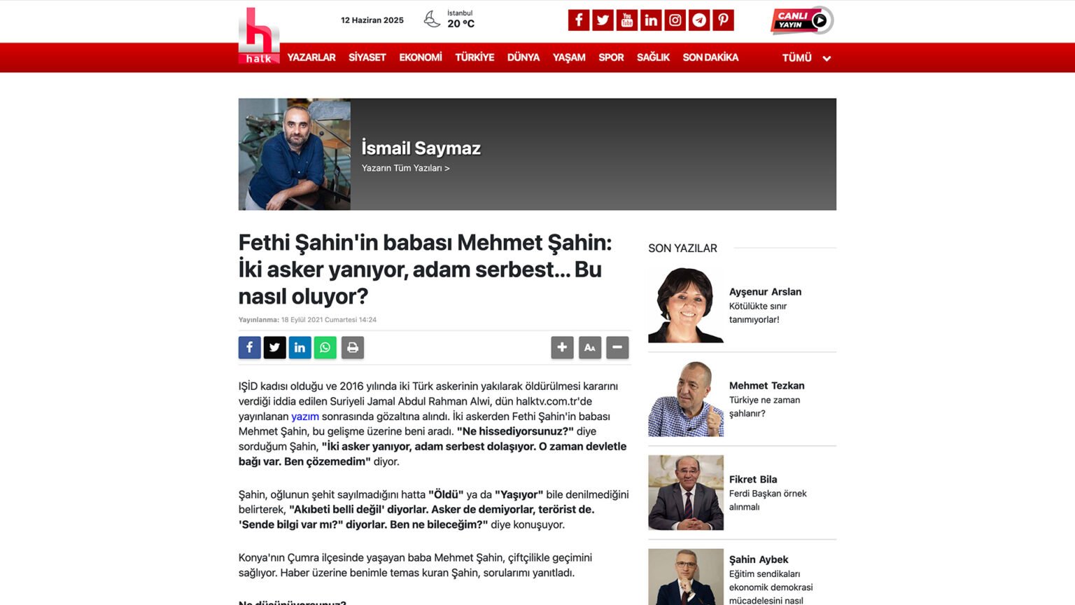 Fethi Şahin’in babası Mehmet Şahin: İki asker yanıyor, adam serbest… Bu nasıl oluyor?