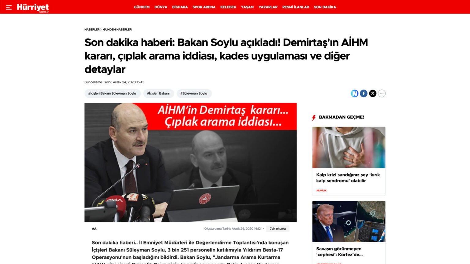 Bakan Soylu açıkladı! Demirtaş’ın AİHM kararı, çıplak arama iddiası, kades uygulaması ve diğer detaylar