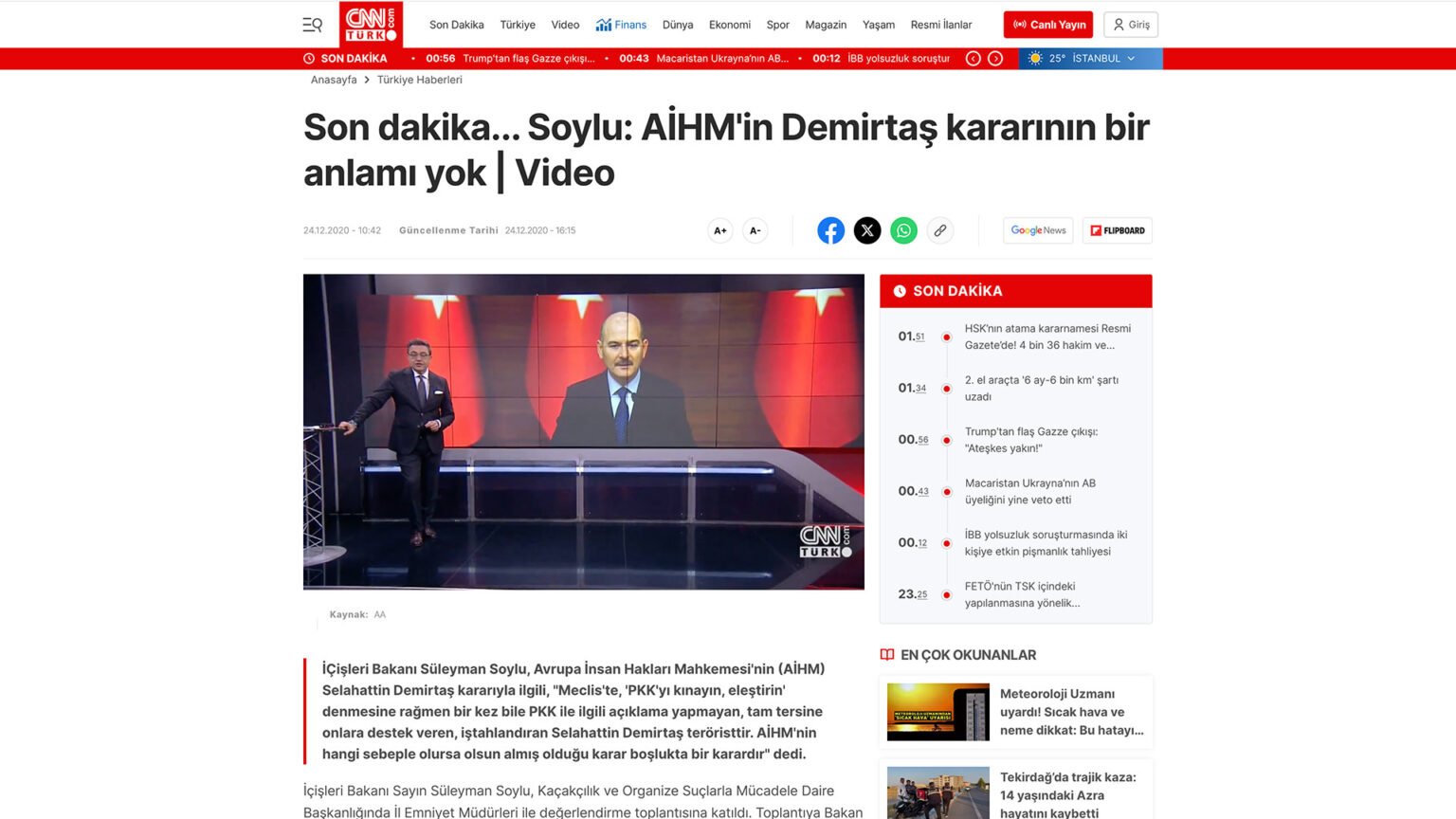 Son dakika… Soylu: AİHM’in Demirtaş kararının bir anlamı yok | Video