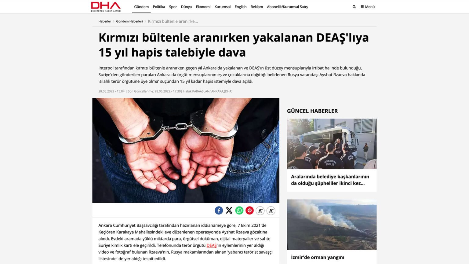 Kırmızı bültenle aranırken yakalanan DEAŞ’lıya 15 yıl hapis talebiyle dava