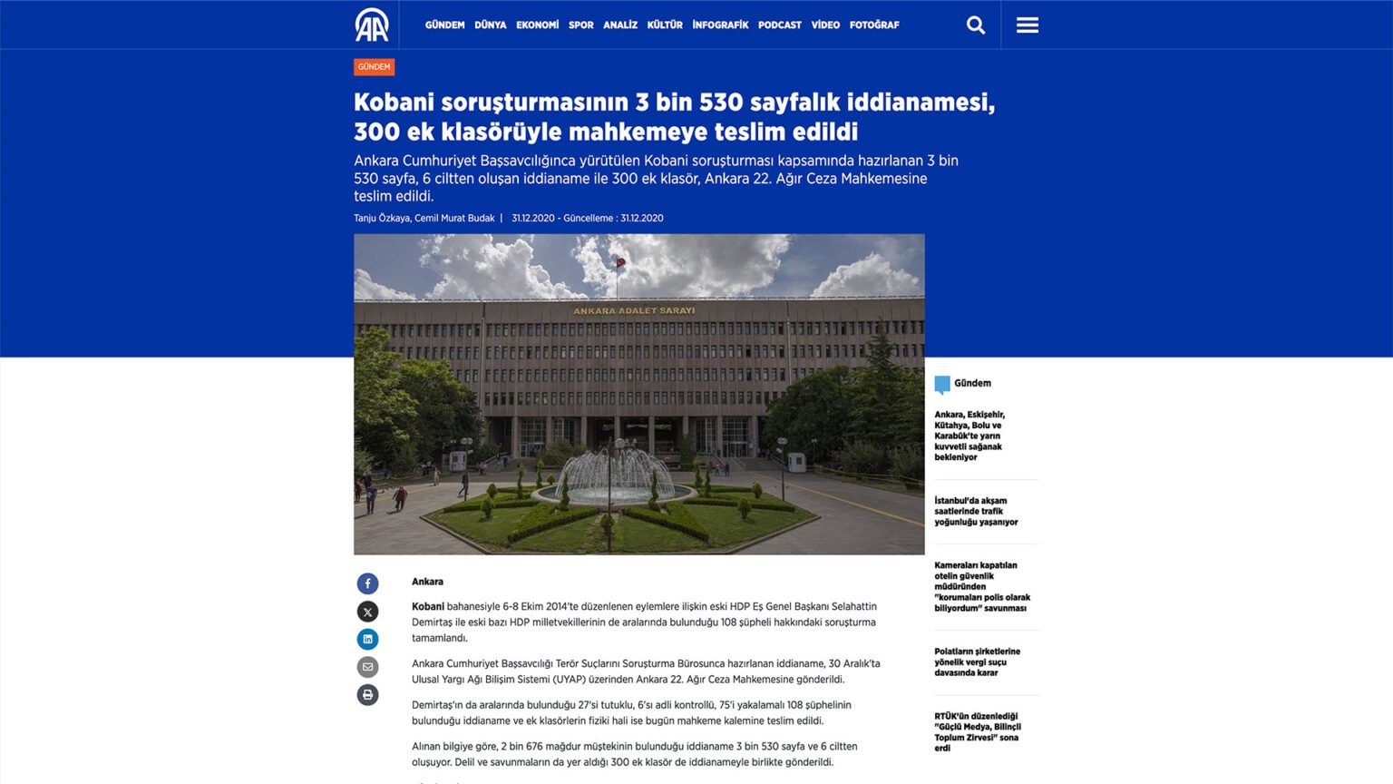 Kobani soruşturmasının 3 bin 530 sayfalık iddianamesi, 300 ek klasörüyle mahkemeye teslim edildi